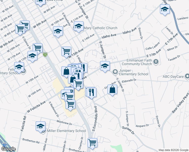 map of restaurants, bars, coffee shops, grocery stores, and more near 1721 Tamarme Terrace in Escondido