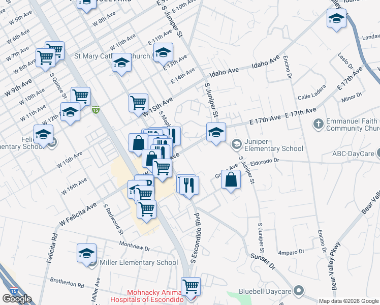map of restaurants, bars, coffee shops, grocery stores, and more near 1721 Tamarme Terrace in Escondido