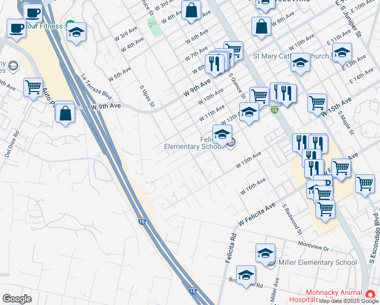 map of restaurants, bars, coffee shops, grocery stores, and more near 1027 West 12th Avenue in Escondido