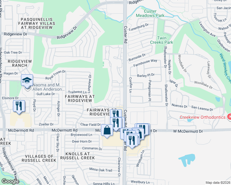 map of restaurants, bars, coffee shops, grocery stores, and more near 9233 Blue Water Drive in Plano