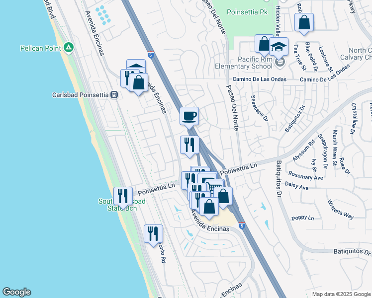 map of restaurants, bars, coffee shops, grocery stores, and more near 750 Raintree Drive in Carlsbad