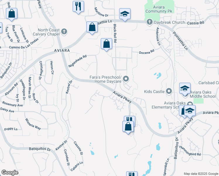 map of restaurants, bars, coffee shops, grocery stores, and more near Aviara Parkway in Carlsbad