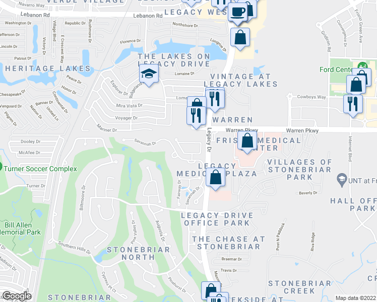 map of restaurants, bars, coffee shops, grocery stores, and more near 3100 Hampshire Court in Frisco