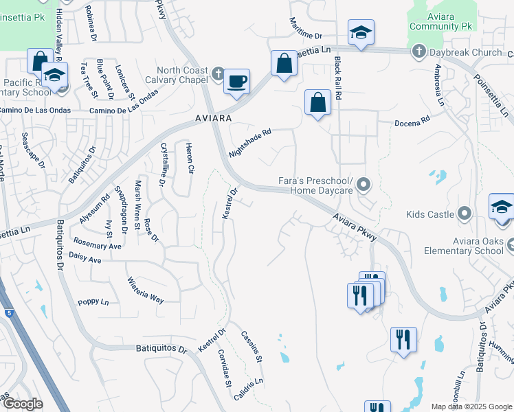 map of restaurants, bars, coffee shops, grocery stores, and more near 1328 Bullrush Court in Carlsbad