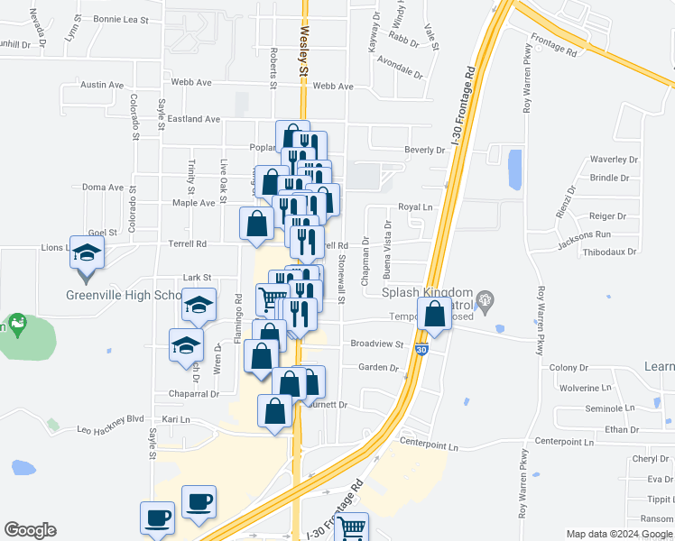 map of restaurants, bars, coffee shops, grocery stores, and more near 6400 Stonewall Street in Greenville