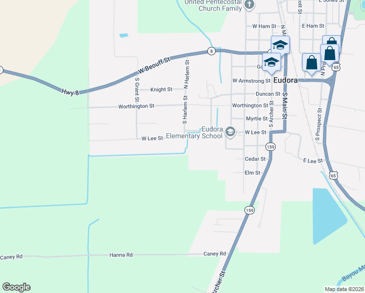 map of restaurants, bars, coffee shops, grocery stores, and more near 552 West Lee Street in Eudora