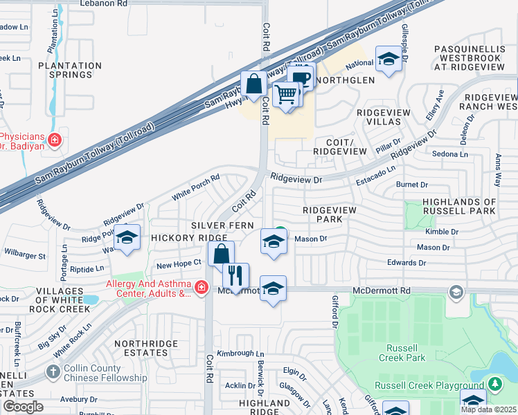 map of restaurants, bars, coffee shops, grocery stores, and more near 9300 Coit Road in Plano