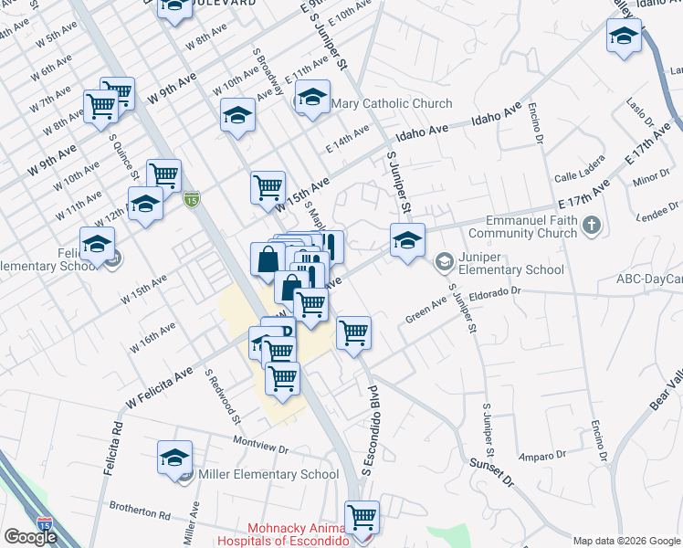 map of restaurants, bars, coffee shops, grocery stores, and more near 1705 South Maple Street in Escondido