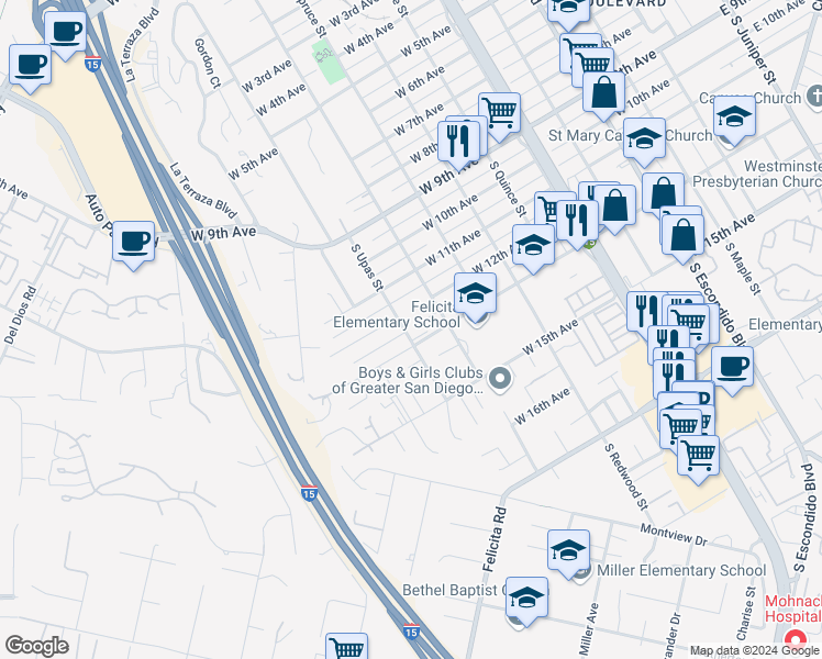 map of restaurants, bars, coffee shops, grocery stores, and more near 1226 South Upas Street in Escondido