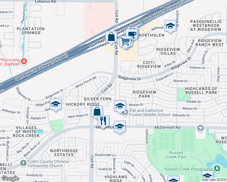 map of restaurants, bars, coffee shops, grocery stores, and more near 9300 Coit Road in Plano