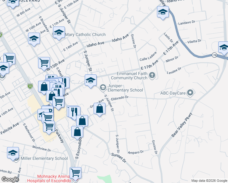 map of restaurants, bars, coffee shops, grocery stores, and more near 1761 Country Lane in Escondido