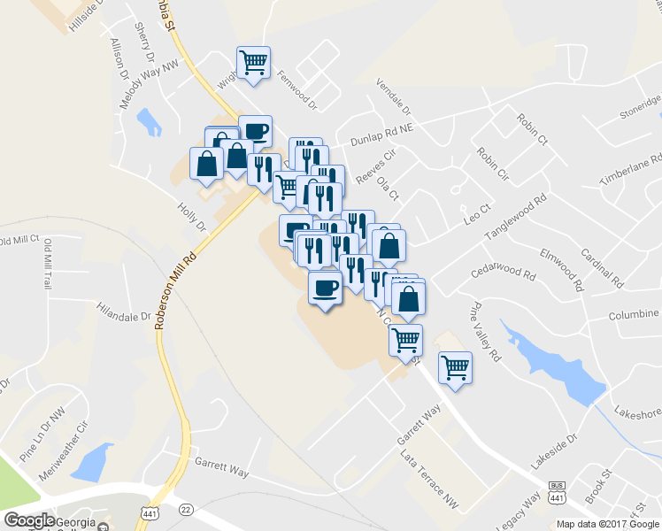 map of restaurants, bars, coffee shops, grocery stores, and more near 1892 North Columbia Street in Milledgeville