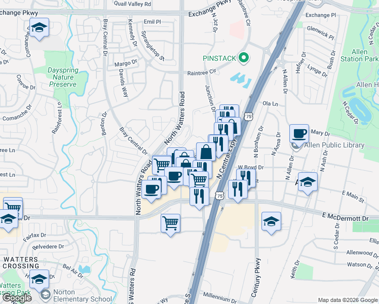 map of restaurants, bars, coffee shops, grocery stores, and more near 111 Central Expressway South in Allen