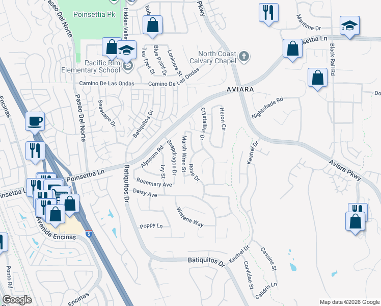 map of restaurants, bars, coffee shops, grocery stores, and more near 7047 Rose Drive in Carlsbad