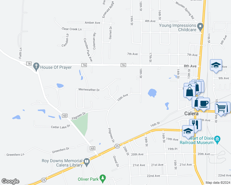 map of restaurants, bars, coffee shops, grocery stores, and more near 212 Meriweather Lane in Calera