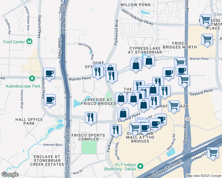 map of restaurants, bars, coffee shops, grocery stores, and more near 3198 Parkwood Boulevard in Frisco