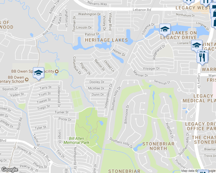 map of restaurants, bars, coffee shops, grocery stores, and more near 6064 McAfee Drive in The Colony