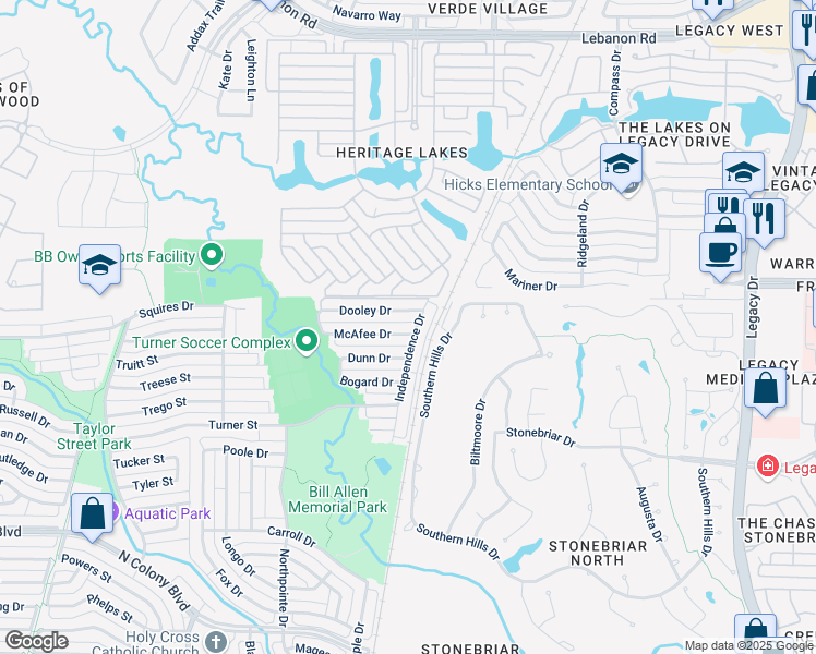 map of restaurants, bars, coffee shops, grocery stores, and more near 6059 McAfee Drive in The Colony