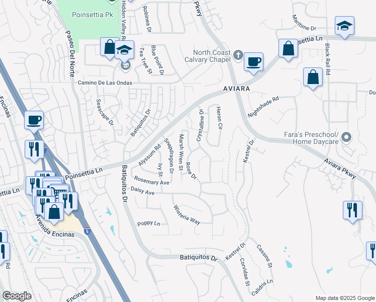 map of restaurants, bars, coffee shops, grocery stores, and more near 7047 Rose Drive in Carlsbad