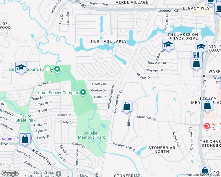 map of restaurants, bars, coffee shops, grocery stores, and more near 6064 McAfee Drive in The Colony