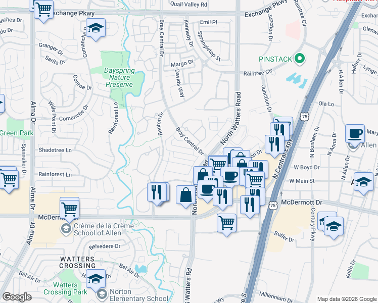 map of restaurants, bars, coffee shops, grocery stores, and more near 1008 Taylor Drive in Allen