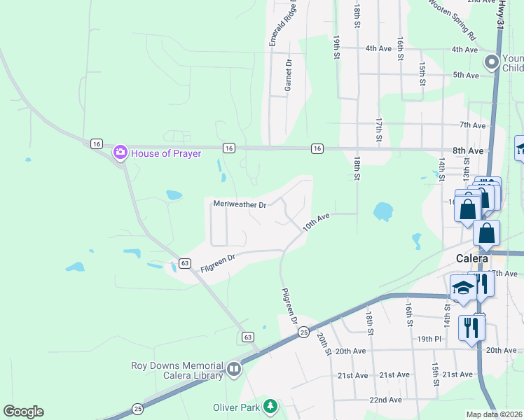 map of restaurants, bars, coffee shops, grocery stores, and more near 432 Meriweather Lane in Calera