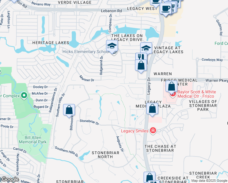 map of restaurants, bars, coffee shops, grocery stores, and more near 4 Savannah Drive in Frisco