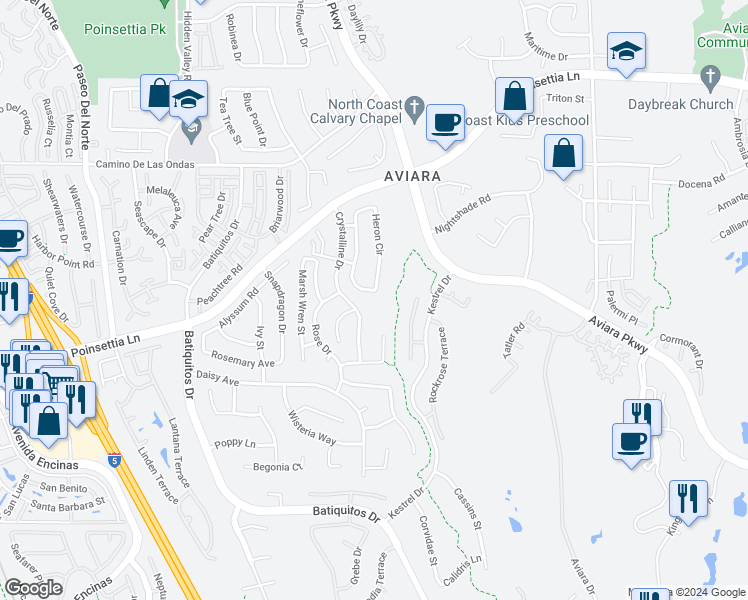 map of restaurants, bars, coffee shops, grocery stores, and more near 7085 Heron Circle in Carlsbad