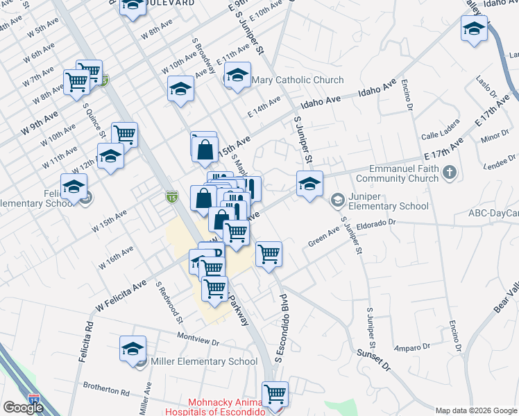 map of restaurants, bars, coffee shops, grocery stores, and more near 1705 South Maple Street in Escondido
