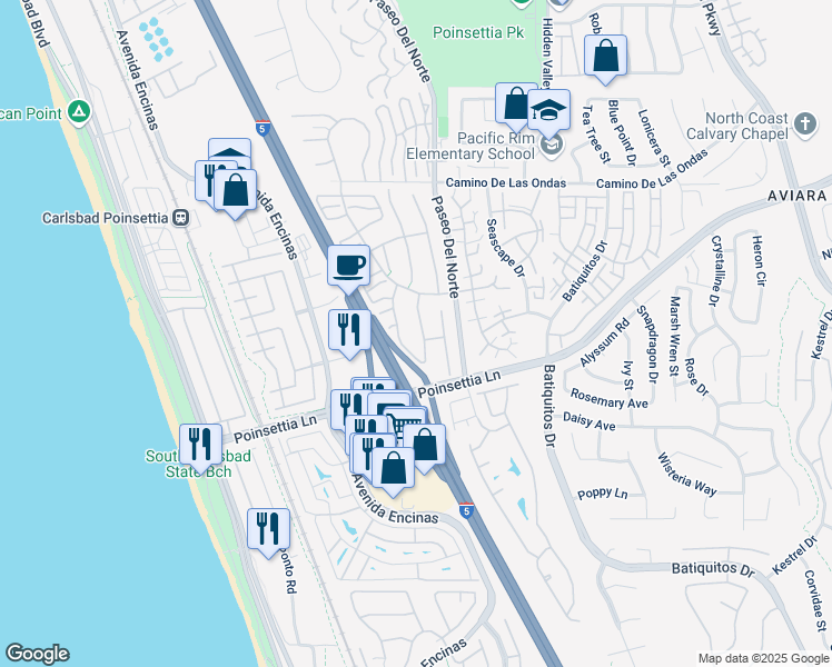 map of restaurants, bars, coffee shops, grocery stores, and more near 6976 Quiet Cove Drive in Carlsbad