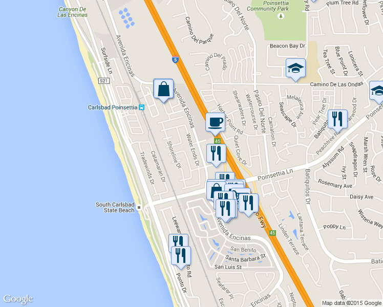 map of restaurants, bars, coffee shops, grocery stores, and more near 6970 Sweetwater Street in Carlsbad