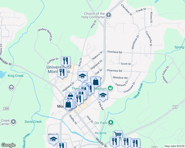 map of restaurants, bars, coffee shops, grocery stores, and more near 830 Wadsworth Street in Montevallo