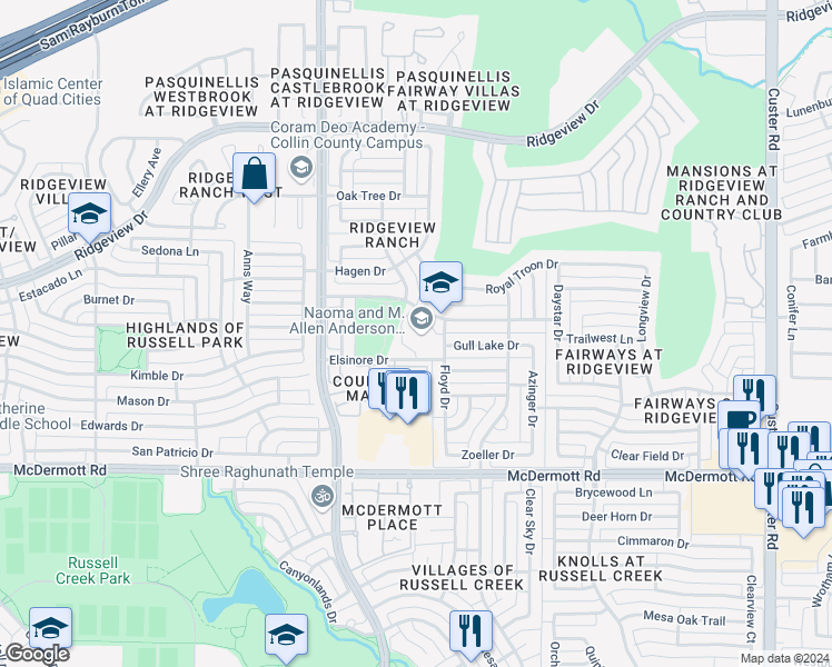 map of restaurants, bars, coffee shops, grocery stores, and more near 2800 Oakland Hills Drive in Plano