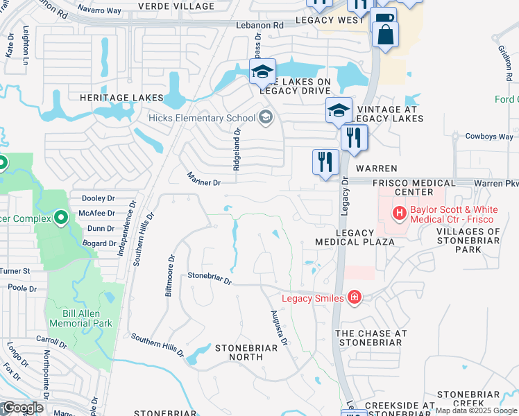 map of restaurants, bars, coffee shops, grocery stores, and more near 4 Savannah Drive in Frisco