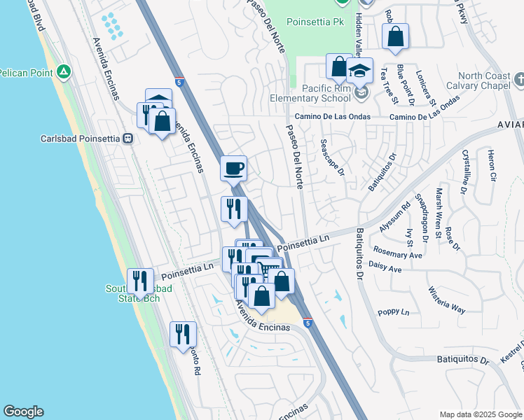 map of restaurants, bars, coffee shops, grocery stores, and more near 6951 Quiet Cove Drive in Carlsbad