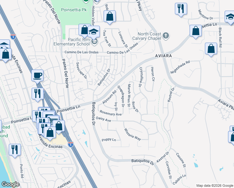 map of restaurants, bars, coffee shops, grocery stores, and more near 7014 Ivy Street in Carlsbad