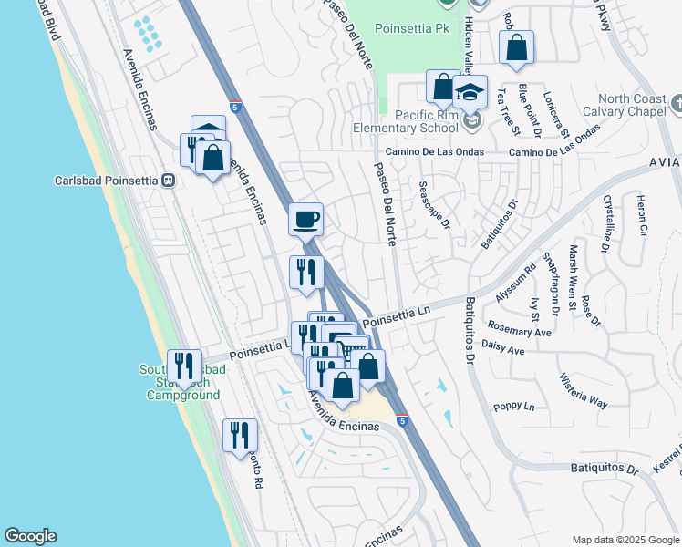 map of restaurants, bars, coffee shops, grocery stores, and more near 6951 Quiet Cove Drive in Carlsbad