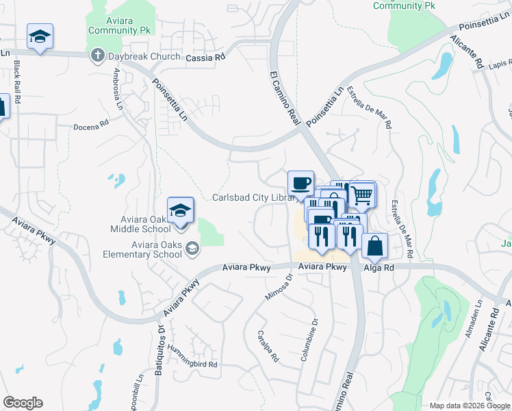 map of restaurants, bars, coffee shops, grocery stores, and more near 6943 Blue Orchid Lane in Carlsbad