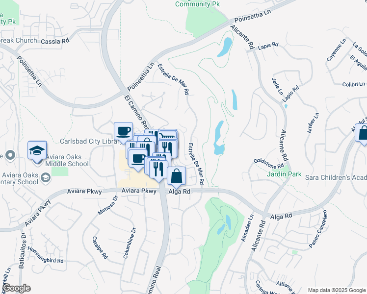 map of restaurants, bars, coffee shops, grocery stores, and more near 6970 Feldspar Place in Carlsbad