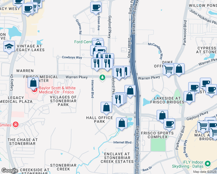 map of restaurants, bars, coffee shops, grocery stores, and more near 3101 Gaylord Parkway in Frisco