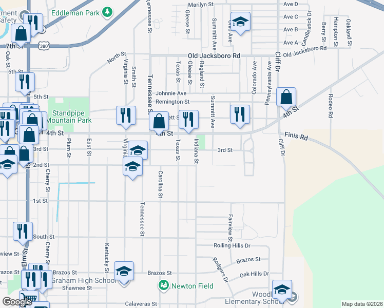 map of restaurants, bars, coffee shops, grocery stores, and more near 610 Indiana Street in Graham
