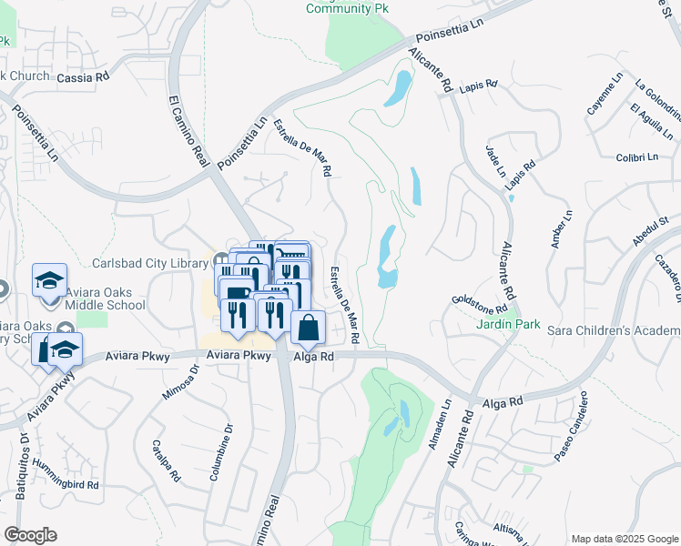 map of restaurants, bars, coffee shops, grocery stores, and more near 6950 Feldspar Place in Carlsbad