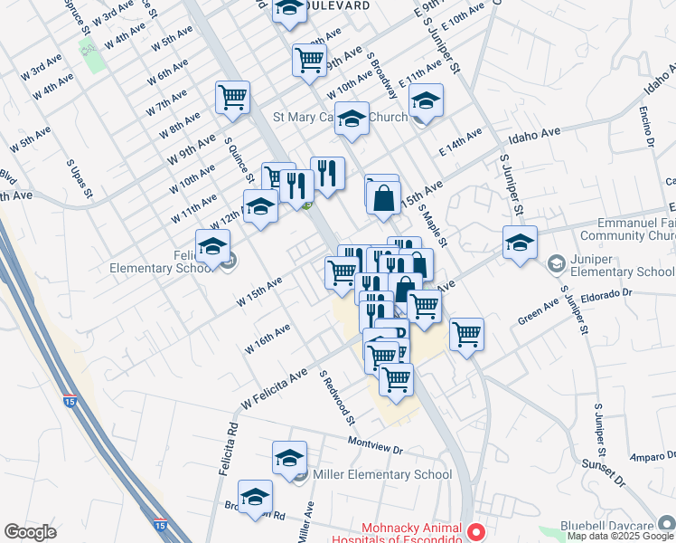 map of restaurants, bars, coffee shops, grocery stores, and more near 335 West 3rd Avenue in Escondido