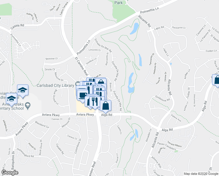 map of restaurants, bars, coffee shops, grocery stores, and more near 6972 Feldspar Place in Carlsbad