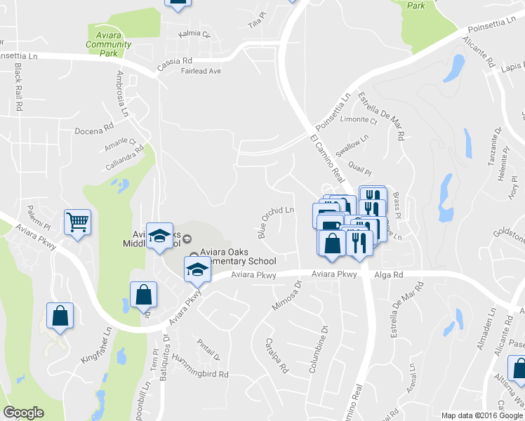 map of restaurants, bars, coffee shops, grocery stores, and more near 6943 Blue Orchid Lane in Carlsbad