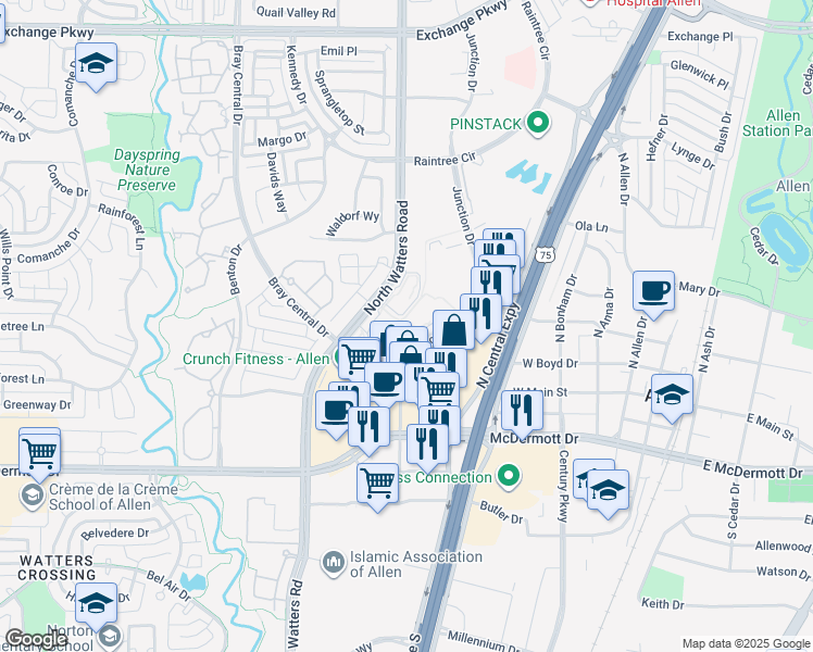 map of restaurants, bars, coffee shops, grocery stores, and more near b105 Junction Drive in Allen