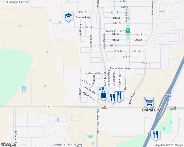 map of restaurants, bars, coffee shops, grocery stores, and more near Henderson Drive in Argyle