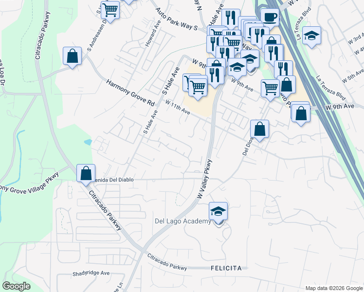 map of restaurants, bars, coffee shops, grocery stores, and more near 1857 Guilder Glen in Escondido