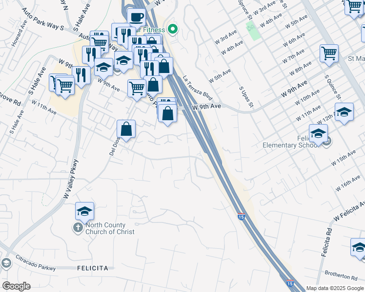 map of restaurants, bars, coffee shops, grocery stores, and more near 1581 Tanglewood Lane in Escondido