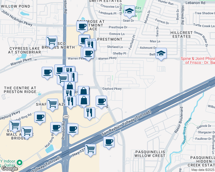 map of restaurants, bars, coffee shops, grocery stores, and more near 9600 Gaylord Parkway in Frisco